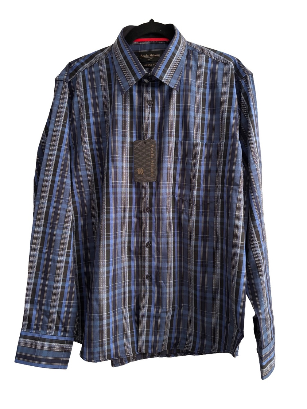 NWT Scala Milano Urban Fit Long Sleeve Dress Shirt - Blue/Black Plaid
